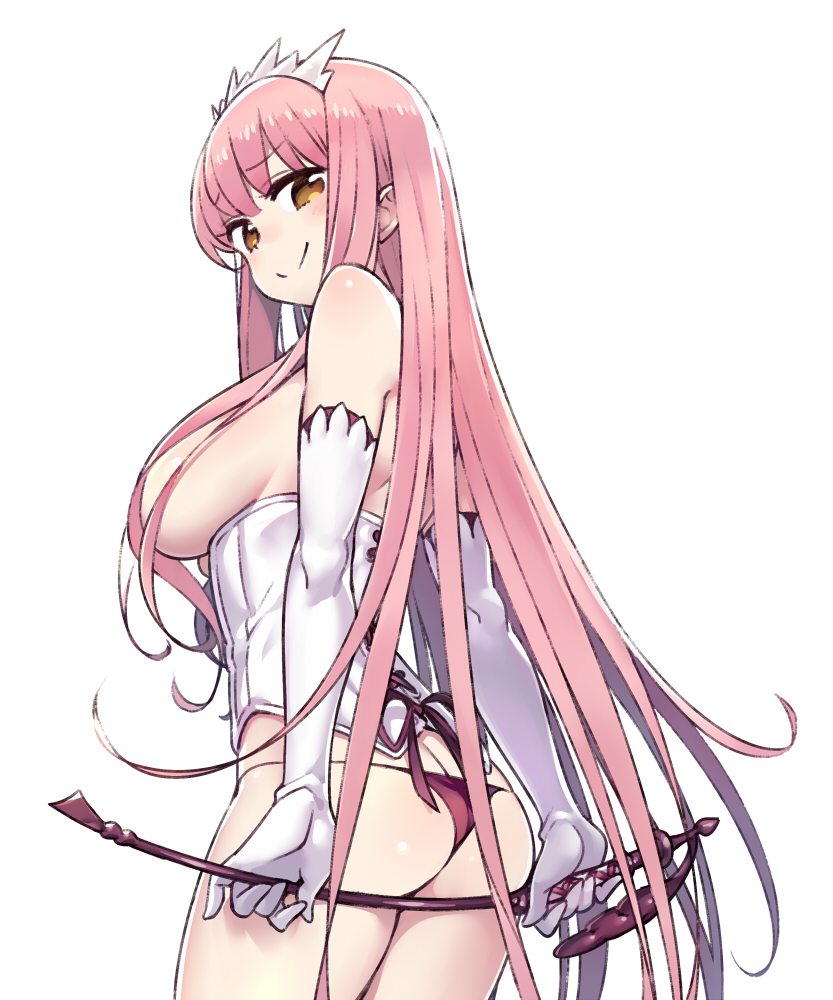 ass breasts brown_eyes butt_crack chan_co commentary_request corset cowboy_shot elbow_gloves eyebrows_visible_through_hair fate/grand_order fate_(series) from_behind gloves hair_censor hair_over_breasts large_breasts long_hair looking_back medb_(fate)_(all) medb_(fate/grand_order) panties pink_hair purple_panties sideboob sidelocks simple_background smile solo tiara underboob underwear underwear_only very_long_hair white_background white_gloves