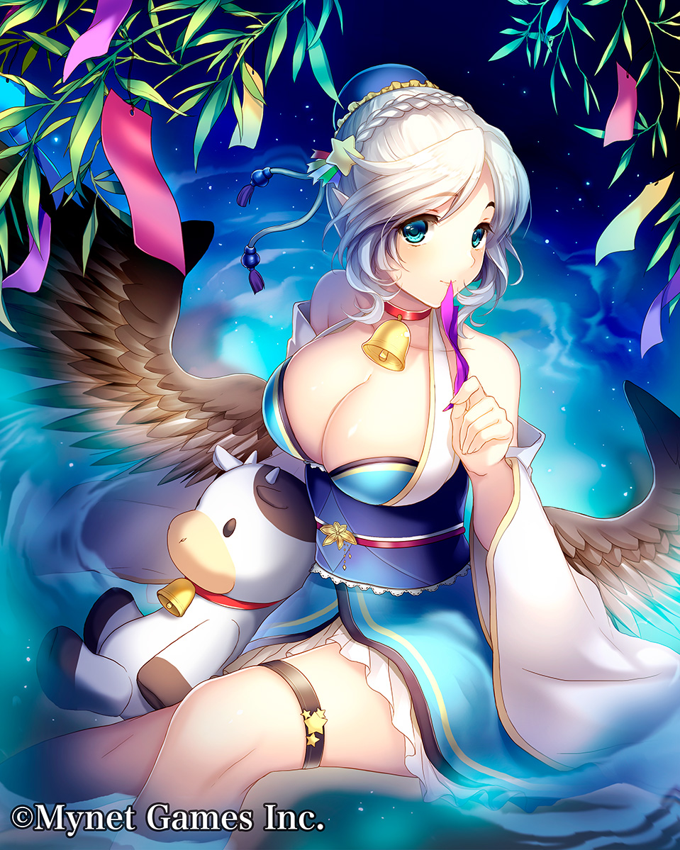 bare_shoulders bell blue_eyes blue_hat braid breasts crown_braid detached_sleeves feathered_wings hair_ornament hat large_breasts looking_at_viewer maboroshi_juuhime night night_sky official_art robosuke sitting sky star star_(sky) star_hair_ornament starry_sky stuffed_cow tanabata tanzaku thigh_strap watermark white_hair wide_sleeves wings
