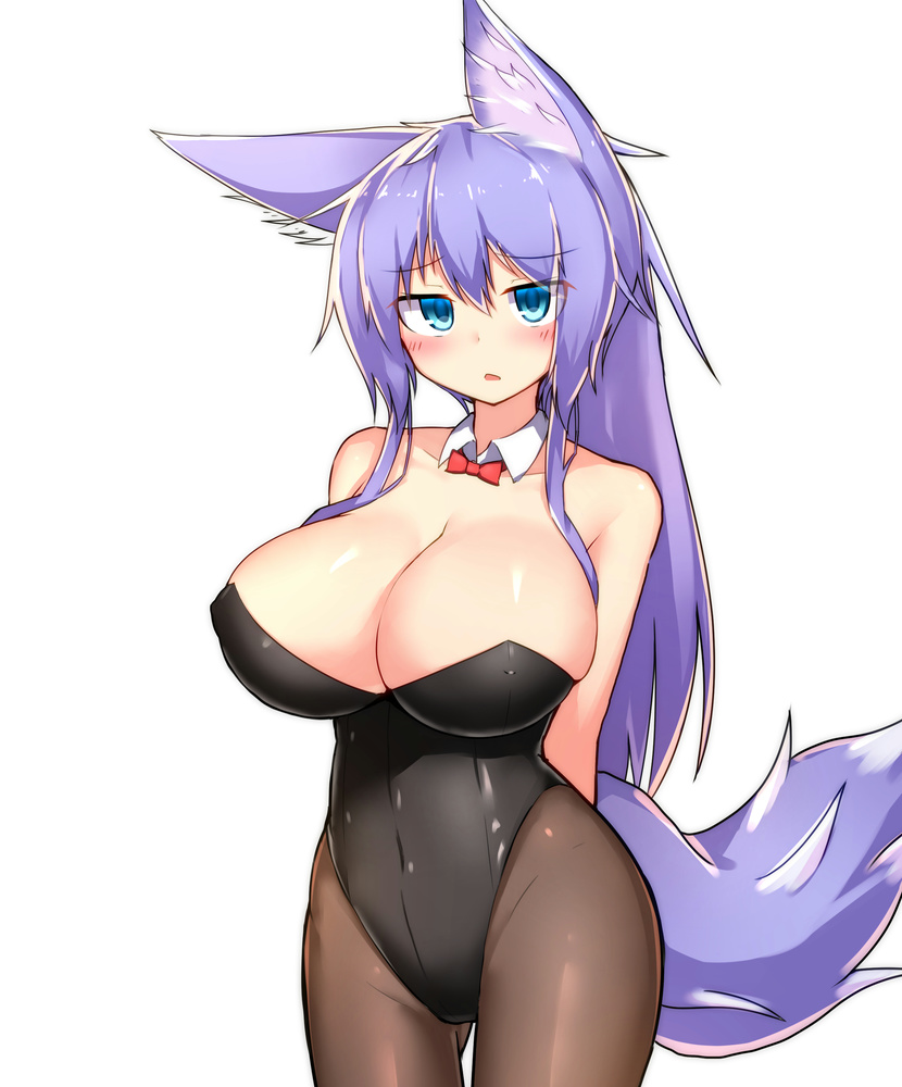 animal_ears arms_behind_back bare_shoulders black_leotard blue_eyes blush bow bowtie breasts brown_legwear cleavage covered_nipples cowboy_shot detached_collar eyebrows_visible_through_hair fox_ears fox_girl fox_tail hair_between_eyes huge_breasts indigo_(tylwing) lavender_hair leotard long_hair looking_at_viewer open_mouth original pantyhose playboy_bunny_leotard solo strapless strapless_leotard tail tylwing