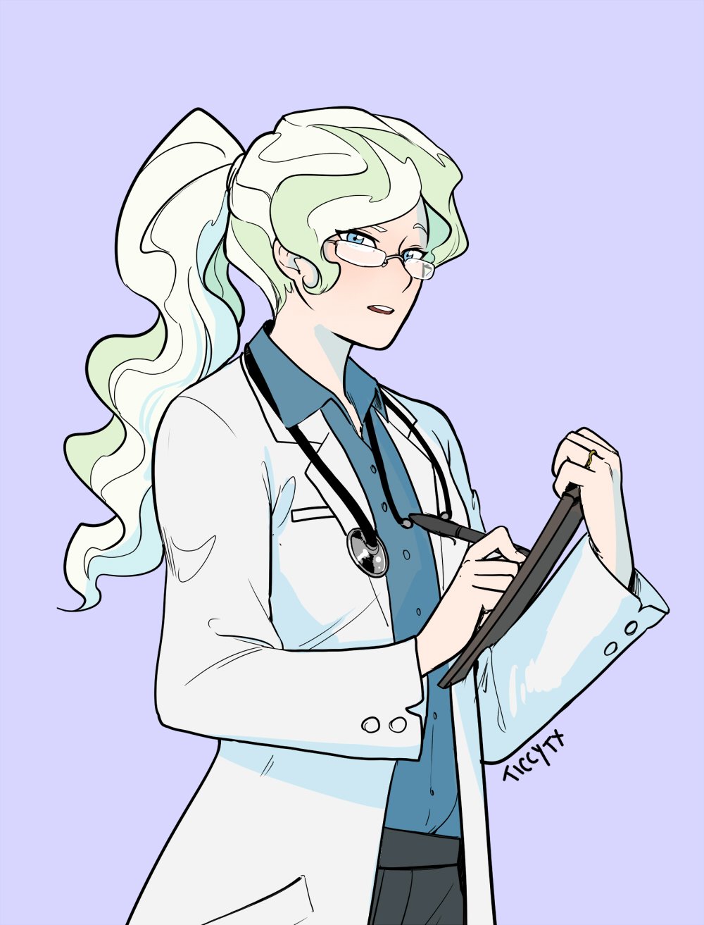 bespectacled blue_eyes blue_shirt commentary diana_cavendish doctor english_commentary glasses highres jewelry labcoat little_witch_academia multicolored_hair open_mouth pen ponytail ring shirt simple_background stethoscope tablet ticcy two-tone_hair white_coat white_hair