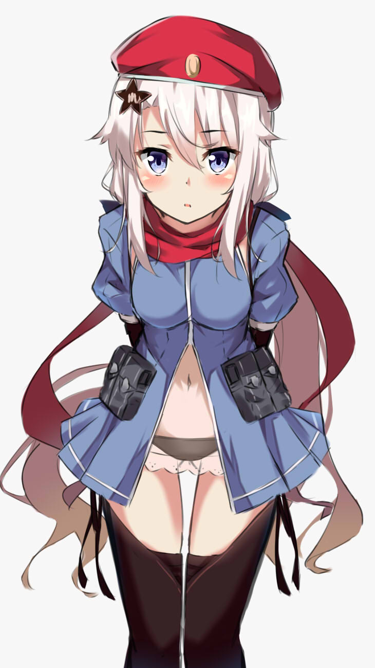 9a-91_(girls_frontline) arms_behind_back ass_visible_through_thighs bangs beret black_legwear black_panties blue_jacket blush breasts commentary_request eyebrows_visible_through_hair girls_frontline grey_background hair_between_eyes hair_ornament hat highres jacket kohakope long_hair looking_at_viewer navel panties parted_lips puffy_short_sleeves puffy_sleeves purple_eyes red_hat red_scarf scarf see-through short_sleeves silver_hair simple_background small_breasts solo star star_hair_ornament thighhighs underwear very_long_hair