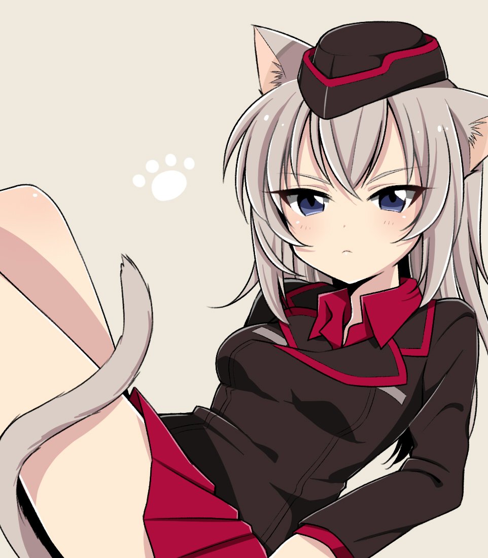 animal_ears arm_support bangs black_hat black_jacket blue_eyes brown_background cat_ears cat_tail closed_mouth commentary dress_shirt frown garrison_cap girls_und_panzer hat itsumi_erika jacket kemonomimi_mode kuromorimine_military_uniform long_hair long_sleeves looking_at_viewer lying military military_hat military_uniform miniskirt on_back paw_pose pleated_skirt red_shirt red_skirt ruruepa shirt silver_hair skirt solo tail uniform