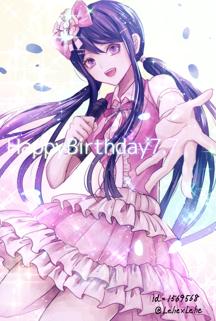 :d arm_strap bow danganronpa danganronpa_1 eyebrows_visible_through_hair floating_hair hair_between_eyes hair_bow hair_ornament hairclip happy_birthday holding holding_microphone idol layered_skirt leg_up long_hair looking_at_viewer maizono_sayaka microphone neck_ribbon open_mouth pink_bow pink_shirt pink_skirt purple_eyes purple_hair red_ribbon ribbon shirt short_sleeves simple_background skirt smile solo standing standing_on_one_leg twintails twitter_username very_long_hair white_background z-epto_(chat-noir86)
