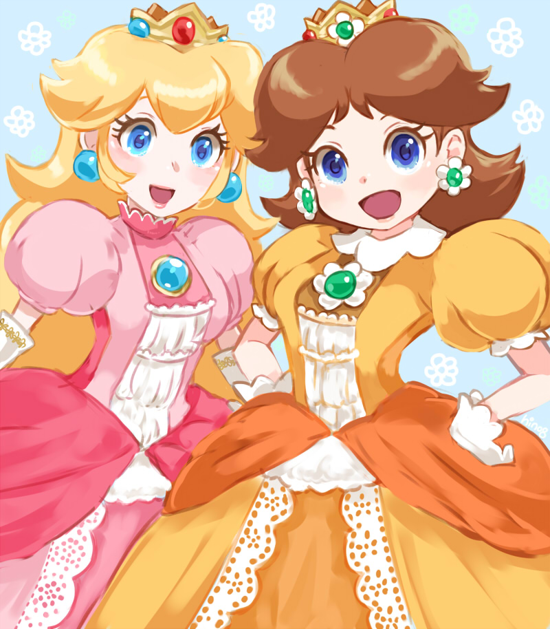 :d blonde_hair blue_background blue_eyes blush brooch brown_hair crown dress earrings floral_background flower flower_earrings gem gloves hands_on_hips hino_(8) jewelry lipstick long_hair looking_at_viewer makeup mario_(series) medium_hair multiple_girls open_mouth pink_dress pink_lipstick princess princess_daisy princess_peach puffy_short_sleeves puffy_sleeves short_sleeves smile super_mario_bros. white_flower white_gloves yellow_dress