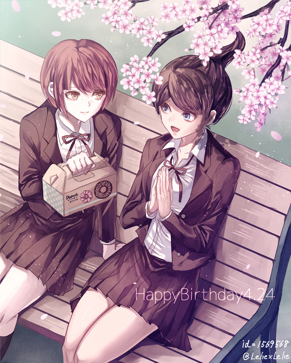 :d arm_support asahina_aoi bangs bench blue_eyes brown_hair brown_jacket brown_skirt cherry_blossoms collarbone danganronpa dress_shirt freckles from_above jacket koizumi_mahiru miniskirt multiple_girls neck_ribbon open_clothes open_jacket open_mouth outdoors parted_bangs pastry_box pleated_skirt ponytail red_ribbon ribbon school_uniform shirt short_hair sitting skirt smile white_shirt z-epto_(chat-noir86)