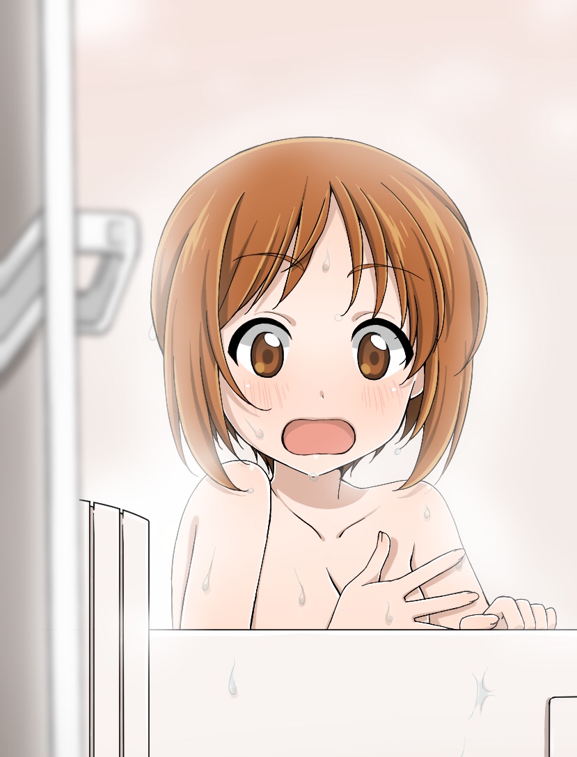 bangs bath blurry blurry_foreground blush breasts brown_eyes brown_hair cleavage commentary depth_of_field eyebrows_visible_through_hair frown girls_und_panzer looking_at_viewer medium_breasts nishizumi_miho nude open_mouth pov pov_doorway ruruepa short_hair solo surprised sweat walk-in wet