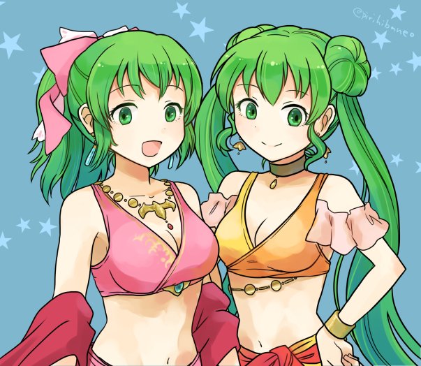 bow bracelet breasts choker cleavage closed_mouth commentary_request double_bun earrings fire_emblem fire_emblem:_seisen_no_keifu green_eyes green_hair hair_bow jewelry leen_(fire_emblem) long_hair medium_breasts midriff mother_and_daughter multiple_girls navel open_mouth pink_bow pirihiba ponytail smile sylvia_(fire_emblem) twintails twitter_username upper_body