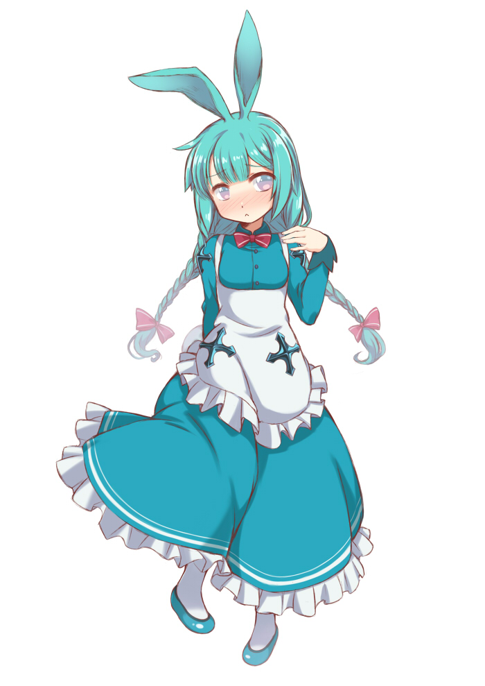 2016 :&lt; animal_humanoid blush bow_tie braided_hair breasts clothed clothing dress female footwear frown hair hair_bow hair_ribbon humanoid lagomorph mammal piano_alice rabbit_humanoid ribbons shoes simple_background solo teal_hair white_background