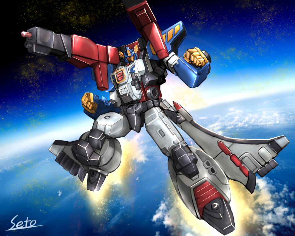 autobot cannon commentary_request earth full_body fusion headgear insignia jetfire machine machinery mecha no_humans optimus_prime overlord_(armada) planet pose robot science_fiction seto_(atsushi533822) shoulder_cannon sky solo space star_(sky) starry_sky transformers transformers_armada