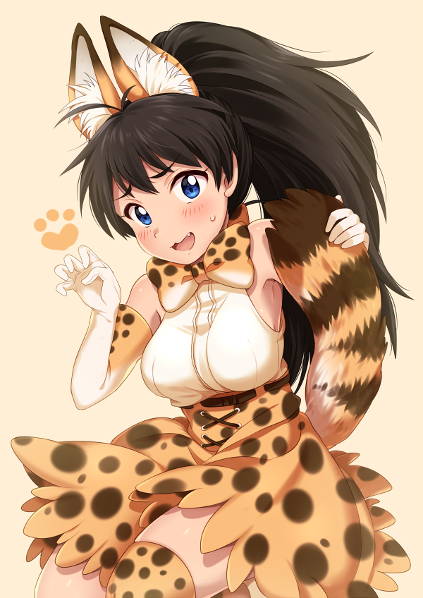 :3 :d animal_ear_fluff animal_ears antenna_hair armpit_crease armpits bangs bare_shoulders belt black_hair blue_eyes blush bow bowtie breasts brown_belt claw_pose commentary commission cosplay cross-laced_clothes eyebrows_visible_through_hair fang furrowed_eyebrows ganaha_hibiki gloves hands_up high-waist_skirt high_ponytail hiiringu holding_own_tail idolmaster idolmaster_(classic) kemono_friends kemonomimi_mode large_breasts long_hair looking_at_viewer open_mouth orange_background orange_gloves orange_legwear orange_neckwear orange_skirt paw_print print_gloves print_legwear print_neckwear print_skirt serval_(kemono_friends) serval_(kemono_friends)_(cosplay) serval_ears serval_girl serval_print serval_tail shirt shirt_tucked_in simple_background skirt sleeveless sleeveless_shirt smile solo sweatdrop tail thighhighs thighs very_long_hair zettai_ryouiki