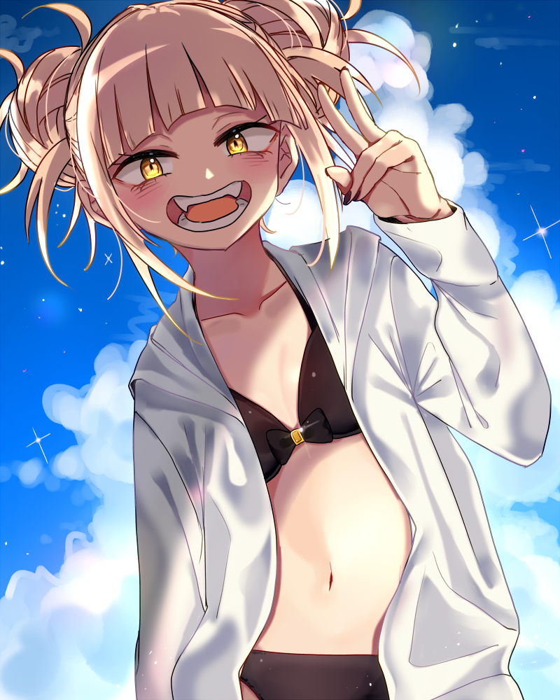 bags_under_eyes bangs bikini black_bikini blonde_hair blue_sky blunt_bangs boku_no_hero_academia breasts cloud cloudy_sky commentary day double_bun fangs half-closed_eyes hood hoodie leaning_to_the_side long_sleeves looking_at_viewer maco_spl messy_hair open_clothes open_mouth open_shirt outdoors shirt short_hair sky small_breasts smile solo standing swimsuit toga_himiko upper_body v white_shirt yellow_eyes