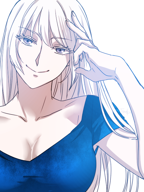 bangs blue_eyes blue_shirt breasts cleavage closed_mouth collarbone commentary_request eyebrows_visible_through_hair facing_viewer hand_on_own_head hand_up head_tilt jormungand koko_hekmatyar long_hair looking_at_viewer pale_skin shirt silver_hair smile solo t-shirt taneko_(motitto092) white_eyelashes white_hair
