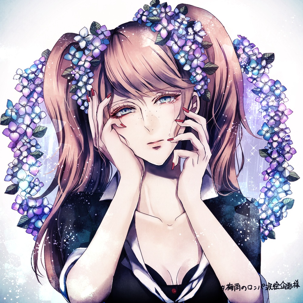 bangs black_bra black_shirt blue_eyes bra breasts cleavage collarbone crying crying_with_eyes_open danganronpa danganronpa_1 enoshima_junko eyebrows_visible_through_hair freckles head_wreath ikusaba_mukuro light_brown_hair long_hair looking_at_viewer nail_polish red_nails shirt simple_background small_breasts solo spoilers swept_bangs tears twintails underwear upper_body white_background z-epto_(chat-noir86)