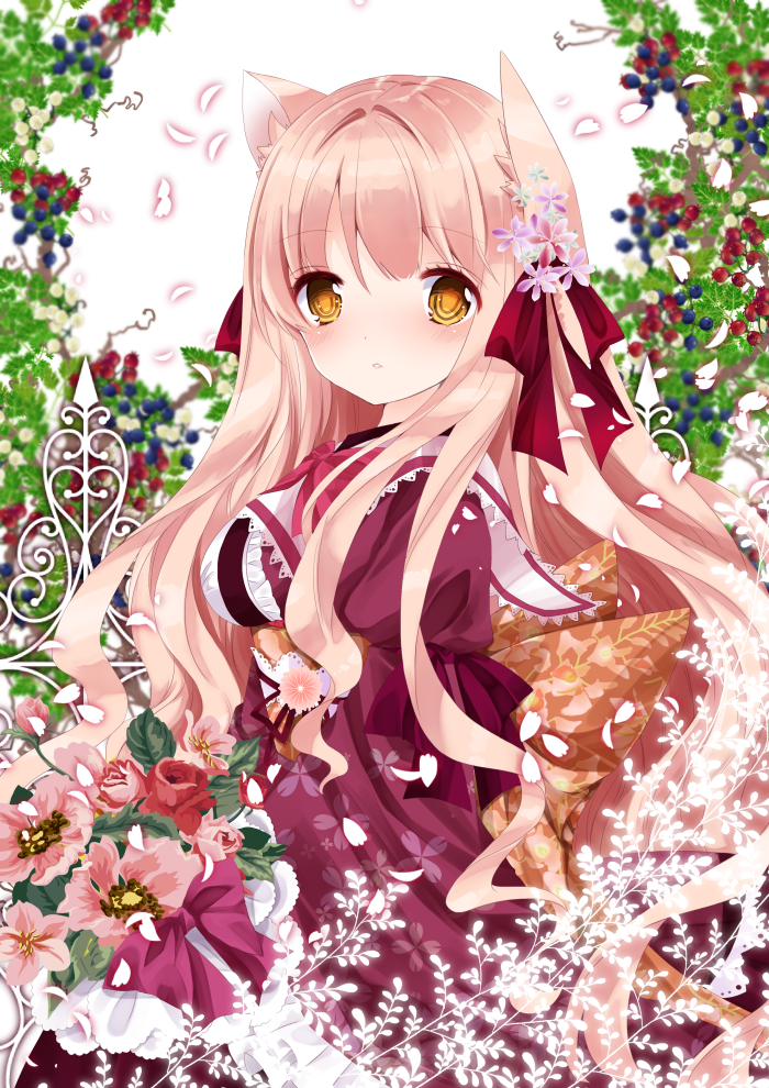 animal_ear_fluff animal_ears bad_id bad_pixiv_id bangs blue_flower blue_rose blush bow breasts brown_eyes cat_ears commentary_request dress eyebrows_visible_through_hair flower hair_between_eyes hair_bow hair_flower hair_ornament juliet_sleeves large_breasts light_brown_hair long_hair long_sleeves looking_at_viewer looking_to_the_side nanase_kureha nanase_nao original parted_lips petals pink_flower puffy_sleeves red_bow red_dress red_flower red_rose rose solo very_long_hair white_background