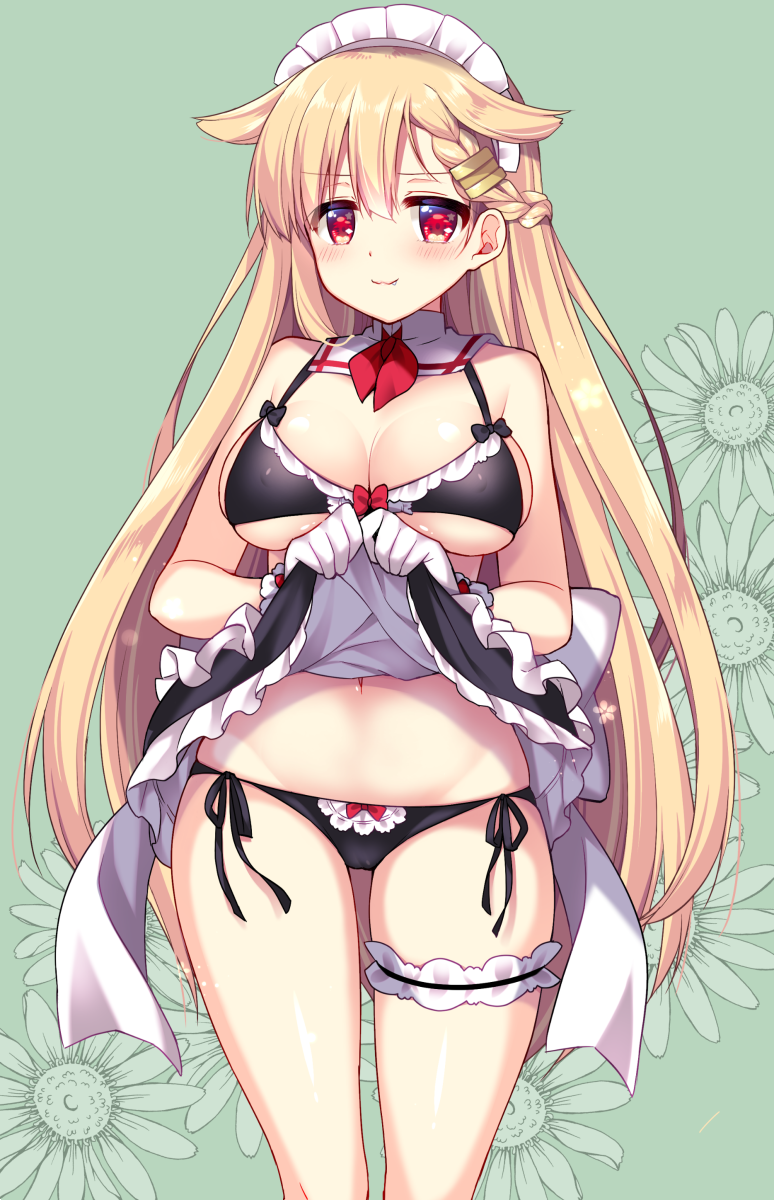 :3 alternate_costume bikini black_bikini black_ribbon black_skirt blonde_hair breasts cleavage cowboy_shot enmaided fang floral_background frilled_bikini frills gloves gradient_hair hair_flaps hair_ornament hair_ribbon hairclip highres kantai_collection large_breasts lifted_by_self long_hair looking_at_viewer looking_down maid maid_headdress multicolored_hair red_eyes remodel_(kantai_collection) ribbon ringo_sui side-tie_bikini skirt skirt_lift solo standing swimsuit teal_background white_gloves yuudachi_(kantai_collection)