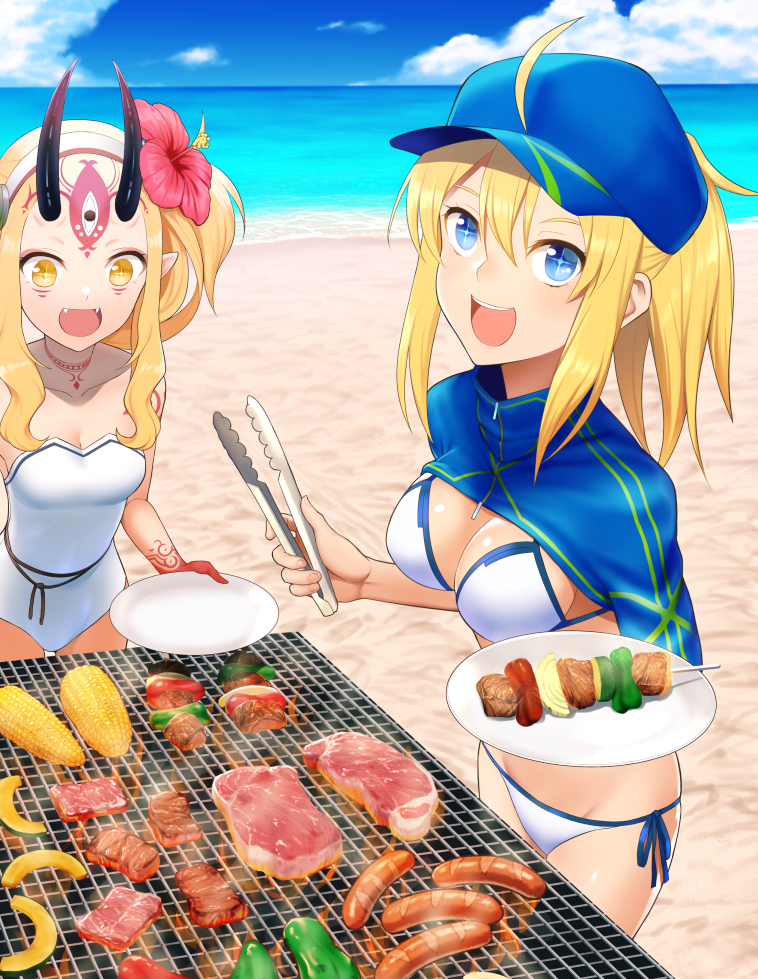 artoria_pendragon_(all) baseball_cap beef bikini blonde_hair blue_eyes breasts corn fate/grand_order fate_(series) food grill grilling hat horns ibaraki_douji_(fate/grand_order) ibaraki_douji_(swimsuit_lancer)_(fate) meat multiple_girls mysterious_heroine_xx_(foreigner) oni oni_horns shrug_(clothing) swimsuit tsuchifumazu yellow_eyes