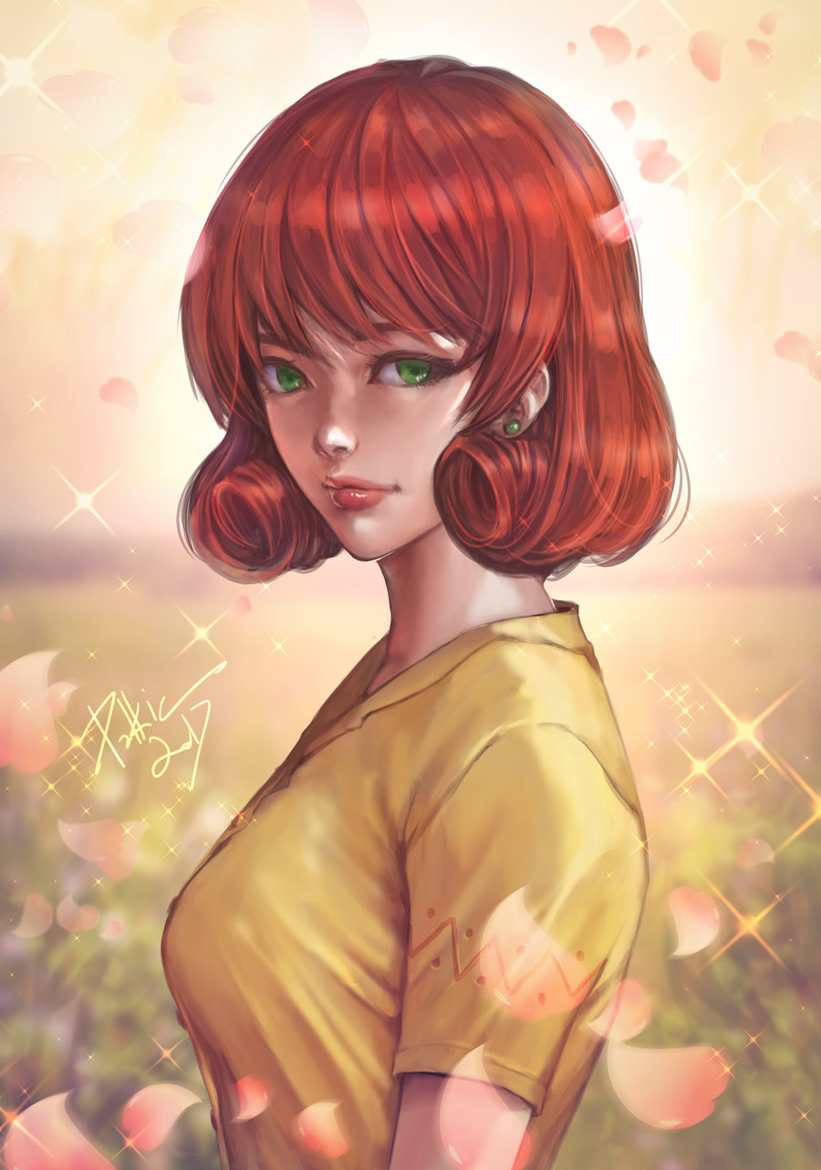 1girl bangs breasts commentary day green_earrings green_eyes highres lips looking_at_viewer medium_breasts outdoors penny_(stardew_valley) pink_petals profile red_hair shiny shiny_hair shirt short_sleeves signature solo sparkle standing stardew_valley sunlight yellow_shirt