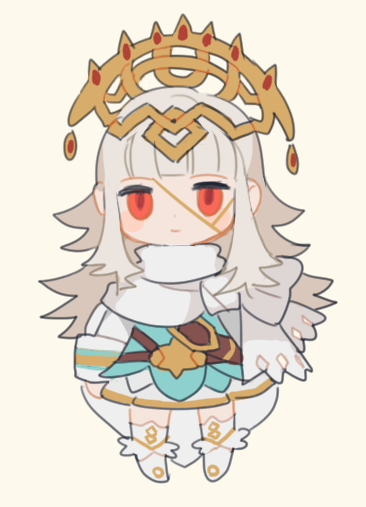 belt cape cbc_p chibi closed_mouth commentary_request cosplay crown dress fire_emblem fire_emblem_heroes grey_hair hair_ornament long_hair long_sleeves red_eyes short_dress simple_background solo standing veronica_(fire_emblem) white_background ylgr_(fire_emblem_heroes) ylgr_(fire_emblem_heroes)_(cosplay)