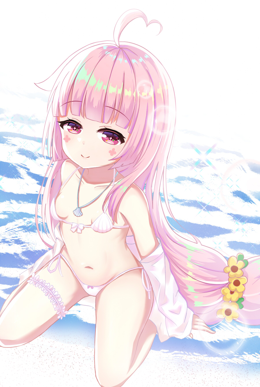 ahoge bare_shoulders beach bikini blush bow_bikini breasts closed_mouth collarbone commentary_request facial_hair flower front-tie_bikini front-tie_top hair_flower hair_ornament heart_ahoge highres jacket long_hair long_sleeves navel off_shoulder original pink_bikini pink_hair red_eyes sand satori_(ymoy) shore side-tie_bikini sitting sleeves_past_wrists small_breasts smile solo swimsuit thighs very_long_hair wariza water white_jacket yellow_flower