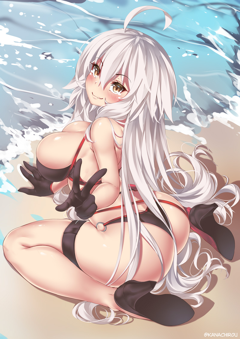 ass back bangs bare_shoulders beach bikini black_bikini black_gloves blush breasts cleavage closed_mouth commentary fang fate/grand_order fate_(series) gloves hair_between_eyes hand_gesture high_heels jeanne_d'arc_(alter_swimsuit_berserker) jeanne_d'arc_(fate)_(all) kanachirou large_breasts legs long_hair looking_at_viewer looking_back o-ring silver_hair sitting smile solo swimsuit thigh_strap thighs thong_bikini v very_long_hair wariza yellow_eyes