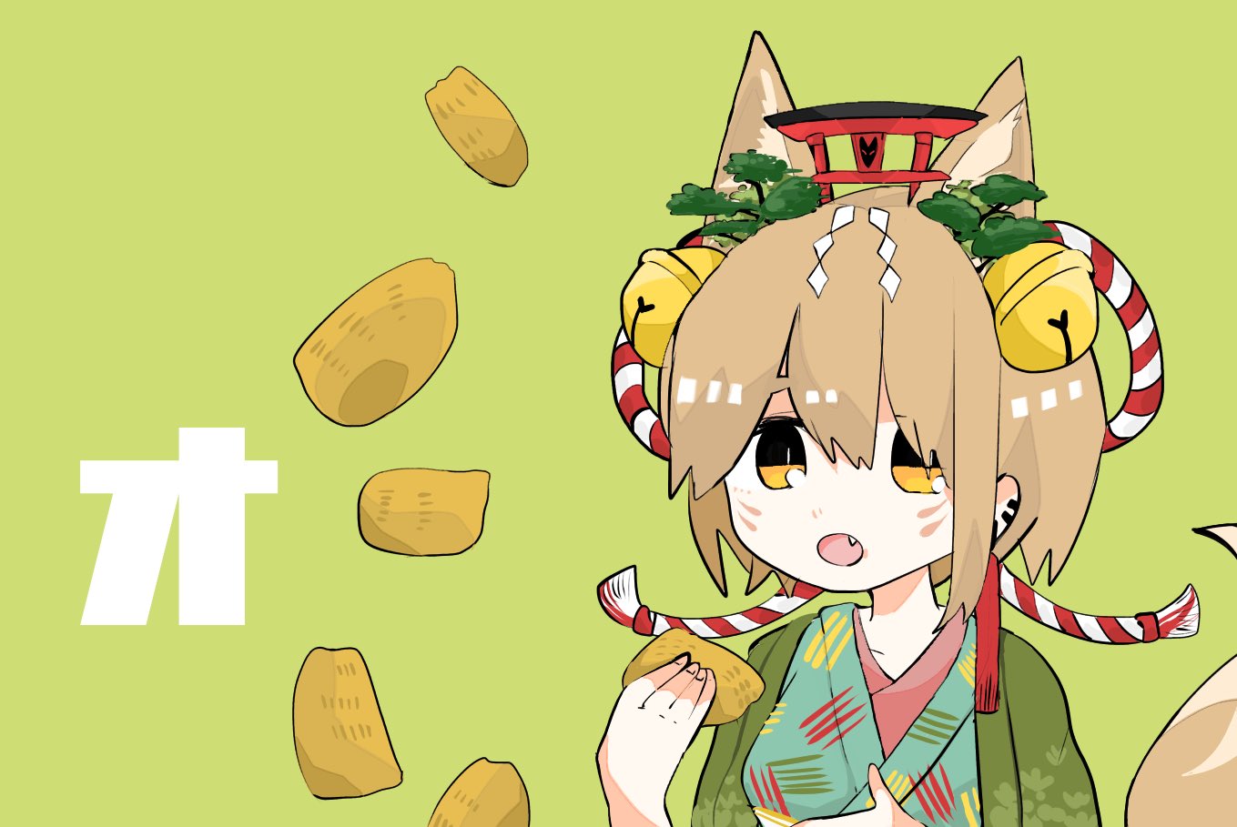 :o animal_ears bangs bell blue_kimono breasts commentary_request eguchi_saan facial_mark fang food fox_ears fox_tail green_background green_kimono hair_bell hair_ornament holding holding_food japanese_clothes jingle_bell kimono kouhaku_nawa light_brown_hair mini_torii open_mouth original shide short_hair simple_background small_breasts solo symbol_commentary tail tofu torii upper_body yellow_eyes