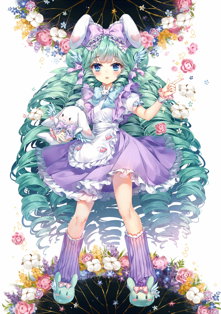 2017 :o animal_ears animal_slippers apron aqua_hair artist_name bangs blue_bow blue_eyes blue_wings blush borrowed_character bow bowtie bunny bunny_ears bunny_slippers commentary commission cotton_boll drill_hair english_commentary eyebrows_visible_through_hair feathered_wings floral_background flower frilled_apron frilled_bow frills full_body green_footwear hair_bow hair_ribbon head_wings heart heart_button heart_print hieihirai holding index_finger_raised leg_warmers legs_apart lolita_fashion long_hair looking_at_viewer miruku_(cutesuu) original pink_bow pink_flower pink_rose puffy_short_sleeves puffy_sleeves purple_bow purple_legwear purple_ribbon purple_skirt ribbon rose short_sleeves sidelocks skirt slippers solo standing striped striped_legwear vertical-striped_legwear vertical_stripes very_long_hair white_apron wings wrist_cuffs