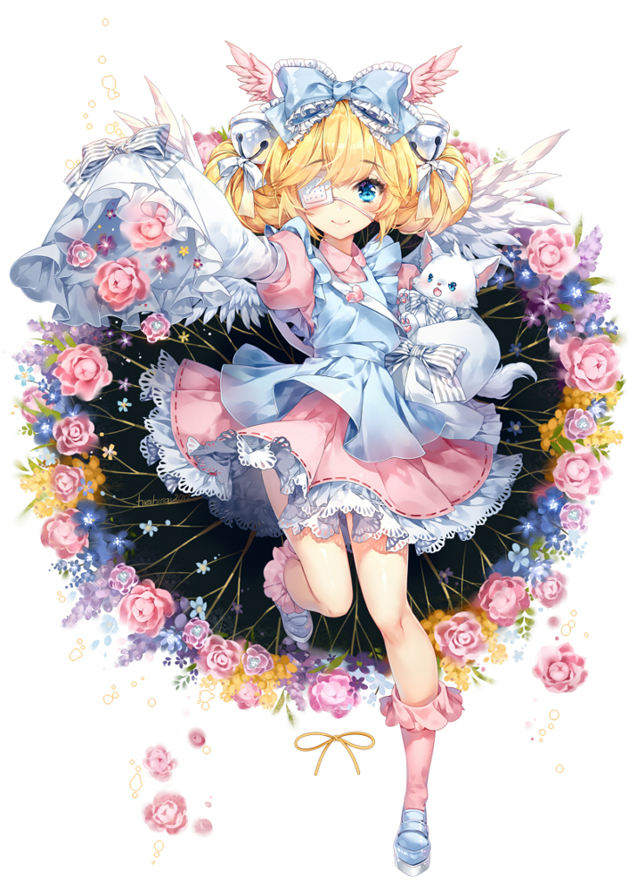 2017 animal apron artist_name bangs bell blonde_hair blue_apron blue_bow blue_eyes blue_footwear blush borrowed_character bow closed_mouth commentary commission cutesu_(cutesuu) double_bun dress english_commentary eyebrows_visible_through_hair eyepatch feathered_wings floral_background flower frilled_bow frilled_legwear frilled_sleeves frills full_body hair_bell hair_bow hair_ornament head_wings heart hieihirai holding holding_animal jingle_bell kneehighs leg_up lolita_fashion long_hair long_sleeves looking_at_viewer medical_eyepatch original outstretched_arm pink_dress pink_flower pink_legwear pink_rose pink_wings ribbon rose shoes sleeveless sleeveless_dress smile solo standing standing_on_one_leg striped striped_bow white_ribbon white_wings wide_sleeves wings