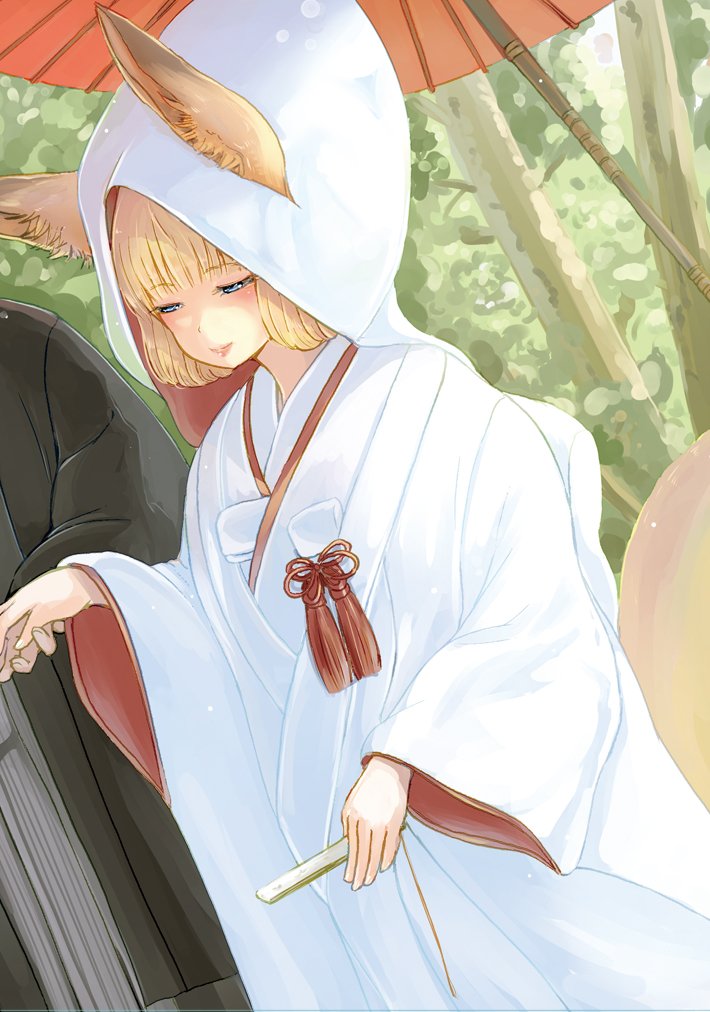 animal_ears bangs batta_(kanzume_quality) blonde_hair blue_eyes blunt_bangs closed_mouth commentary_request dutch_angle ears_through_headwear eyebrows_visible_through_hair fan folding_fan forest fox_ears fox_tail half-closed_eyes holding holding_fan long_sleeves nature oriental_umbrella original outdoors red_umbrella smile solo_focus standing tail tassel tree umbrella veil wide_sleeves