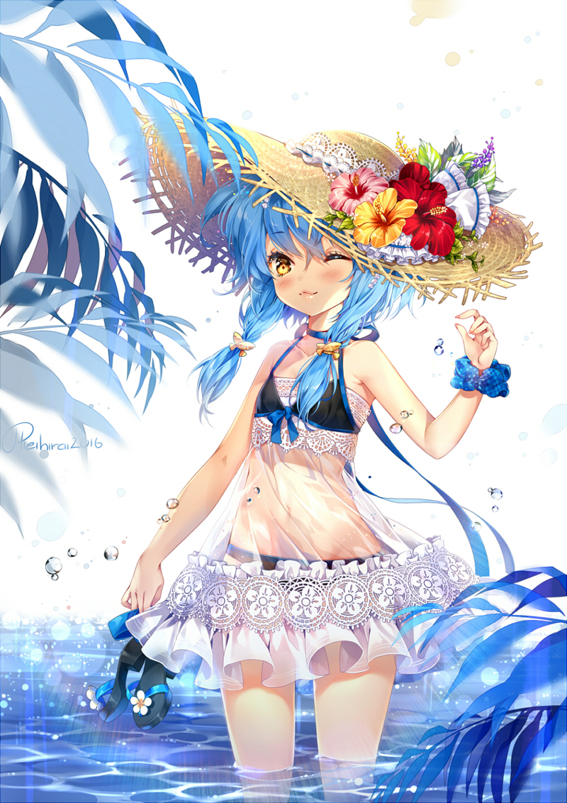2016 ;) artist_name bangs bare_arms bare_shoulders bikini black_bikini blue_hair blush braid collarbone commentary cowboy_shot day dress english_commentary eyebrows_visible_through_hair fang_out fish_hair_ornament flat_chest flower frills hair_ornament halterneck hat hat_flower hibiscus hieihirai holding lace lens_flare long_hair looking_at_viewer navel one_eye_closed original outdoors plant sandals saska_(hieihirai) scrunchie see-through smile solo standing straw_hat sun_hat swimsuit twin_braids wading water water_drop white_dress wrist_scrunchie yellow_eyes