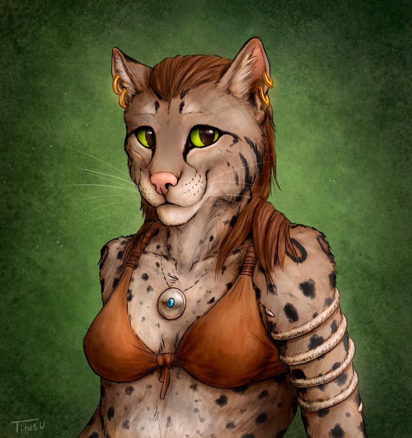 anthro breasts clothed clothing feline female green_background green_eyes lynx mammal simple_background smile solo titusw whiskers