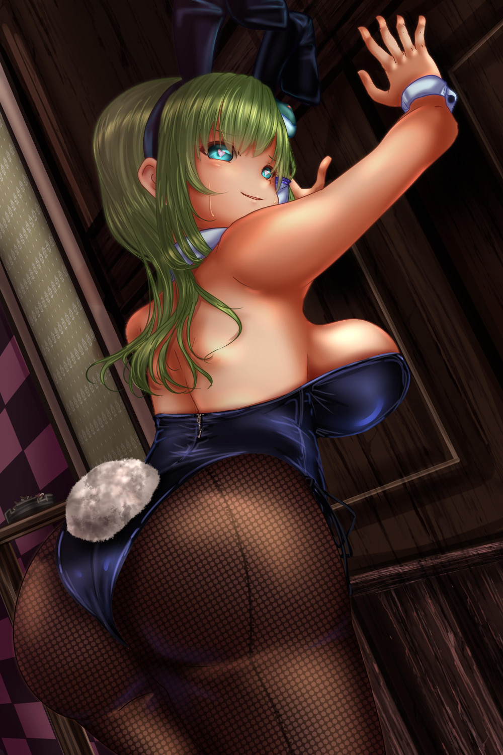1girl against_wall animal_ears artist_request ass back backless_outfit bare_shoulders blue_eyes breasts bunny_ears bunny_tail bunnysuit cameltoe fake_animal_ears from_behind green_hair hairband heart heart-shaped_pupils huge_ass kochiya_sanae large_breasts long_hair looking_at_viewer looking_back pantyhose shiny shiny_clothes sideboob smile solo sweat symbol-shaped_pupils tail touhou