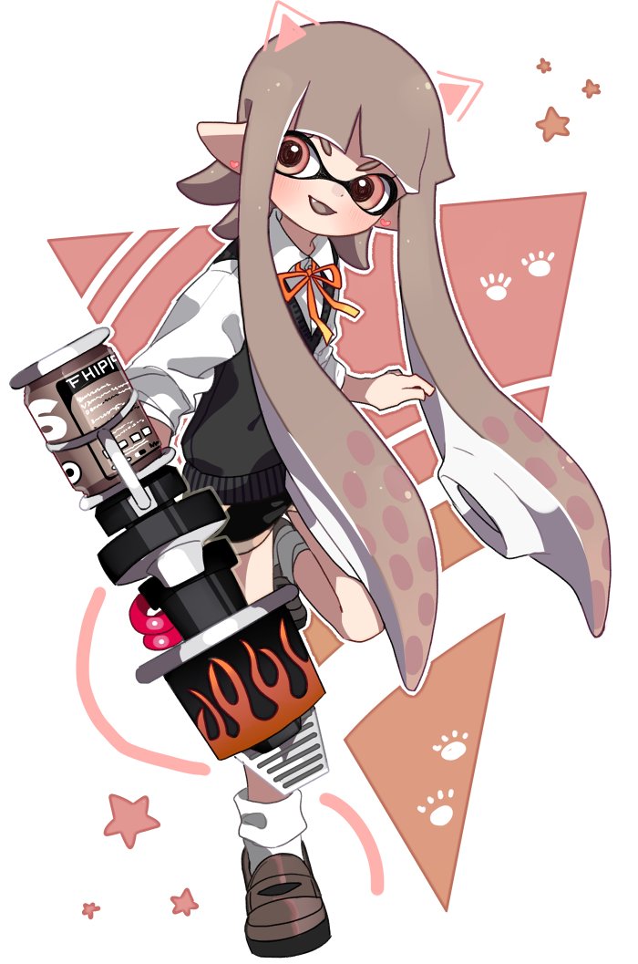 bangs black_footwear black_shorts black_sweater blaster_(splatoon) blunt_bangs brown_eyes commentary domino_mask dress_shirt fang full_body grey_hair holding holding_weapon inkling leg_up loafers long_hair looking_at_viewer maco_spl mask neck_ribbon open_mouth paw_print pointy_ears red_neckwear ribbon shirt shoes shorts smirk socks solo splatoon_(series) splatoon_1 standing standing_on_one_leg star star_print sweater sweater_vest tentacle_hair triangle v-shaped_eyebrows weapon white_legwear white_shirt wing_collar