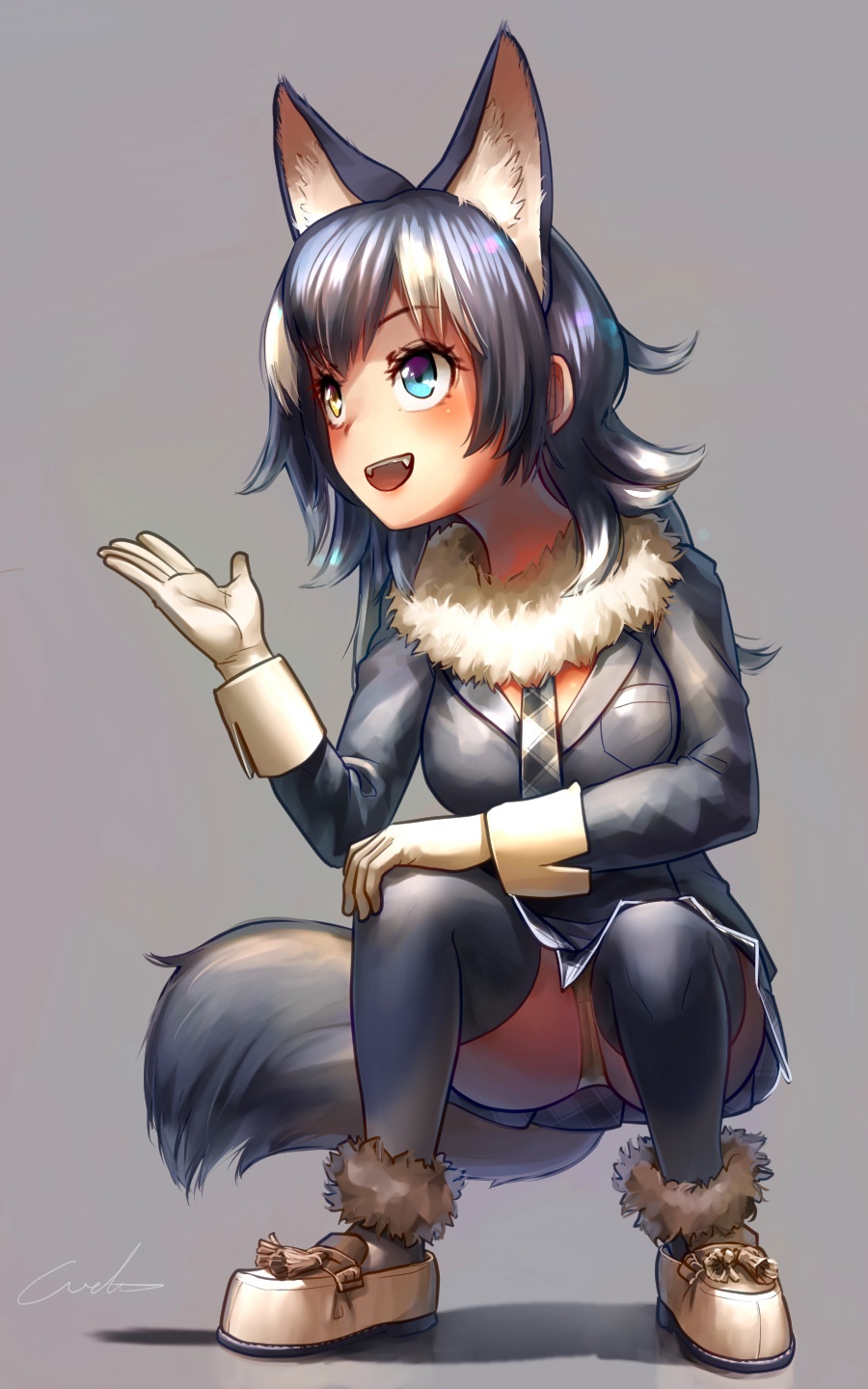 :d animal_ear_fluff animal_ears black_legwear blue_eyes breast_pocket commentary_request extra_ears eyebrows_visible_through_hair fangs full_body fur_collar fur_trim gloves grey_background grey_hair grey_wolf_(kemono_friends) hand_up heterochromia highres kemono_friends long_hair long_sleeves looking_away multicolored_hair necktie open_mouth panties pantyshot plaid plaid_neckwear plaid_skirt pleated_skirt pocket shoes signature simple_background skirt smile solo squatting streaked_hair tail thighhighs underwear welt_(kinsei_koutenkyoku) white_gloves white_hair wolf_ears wolf_tail yellow_eyes