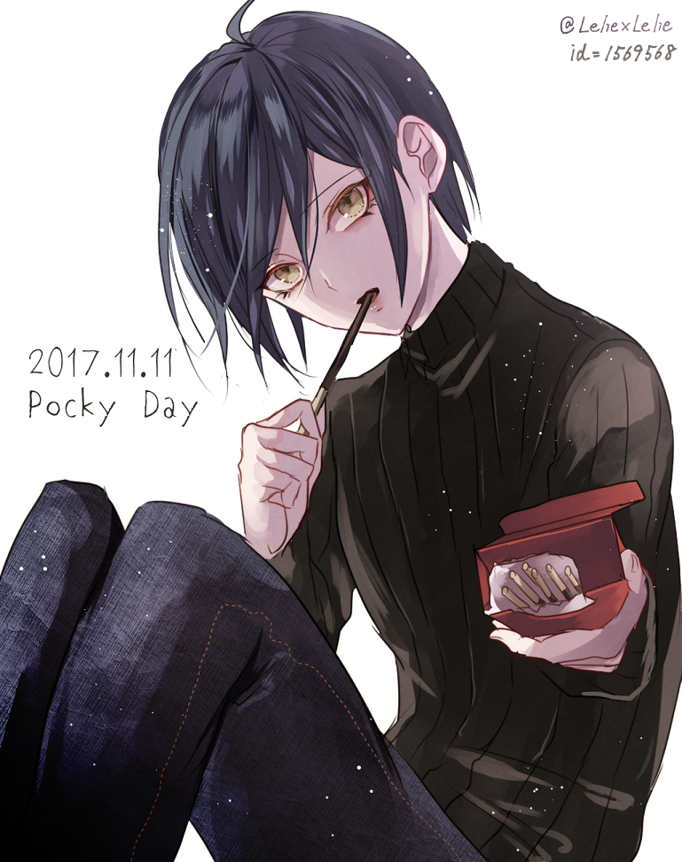 androgynous black_hair black_pants black_sweater danganronpa dated eating hair_between_eyes looking_at_viewer male_focus new_danganronpa_v3 pants pocky_day saihara_shuuichi short_hair simple_background solo sweater twitter_username white_background yellow_eyes z-epto_(chat-noir86)