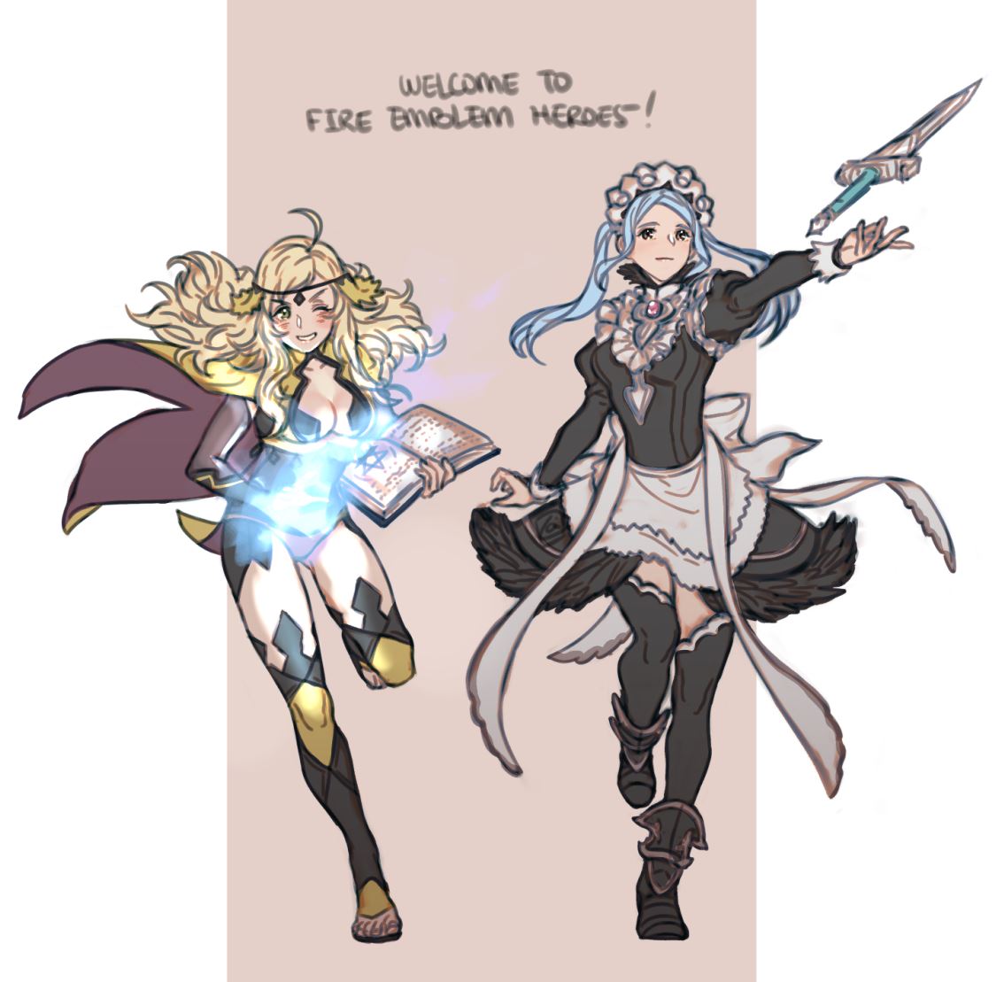 ahoge black_legwear blonde_hair blue_hair book breasts bridal_gauntlets cape circlet cleavage cleavage_cutout closed_mouth commentary fire_emblem fire_emblem_heroes fire_emblem_if flora_(fire_emblem_if) gem grey_eyes grin holding holding_book juliet_sleeves knife krazehkai leg_up long_hair long_sleeves maid maid_headdress medium_breasts multiple_girls one_eye_closed open_book ophelia_(fire_emblem_if) outstretched_arm puffy_sleeves simple_background smile thighhighs twintails zettai_ryouiki