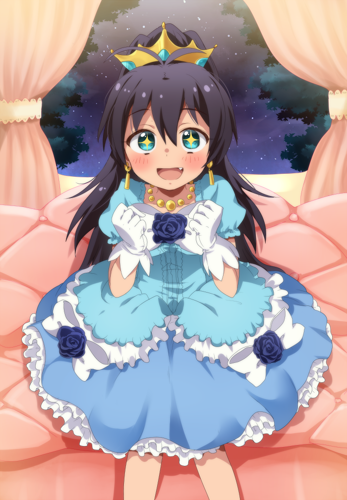 1girl :d antenna_hair aqua_dress aqua_eyes black_hair blue_dress blue_flower blue_rose blush bow bowtie center_frills clenched_hands commentary_request curtains dress earrings fang flower frilled_dress frills ganaha_hibiki gloves hands_up hiiringu idolmaster idolmaster_(classic) jewelry layered_dress long_hair looking_at_viewer multicolored multicolored_clothes multicolored_dress necklace night night_sky open_mouth petticoat ponytail revision rose sitting sky smile solo star_(sky) starry_sky tiara tree white_gloves white_neckwear