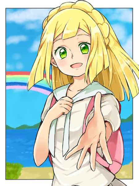backpack bag blonde_hair blue_sky cloud cu-sith day green_eyes lillie_(pokemon) long_hair open_mouth outdoors outstretched_arm pokemon pokemon_(game) pokemon_sm ponytail rainbow shirt short_sleeves sky solo water white_shirt