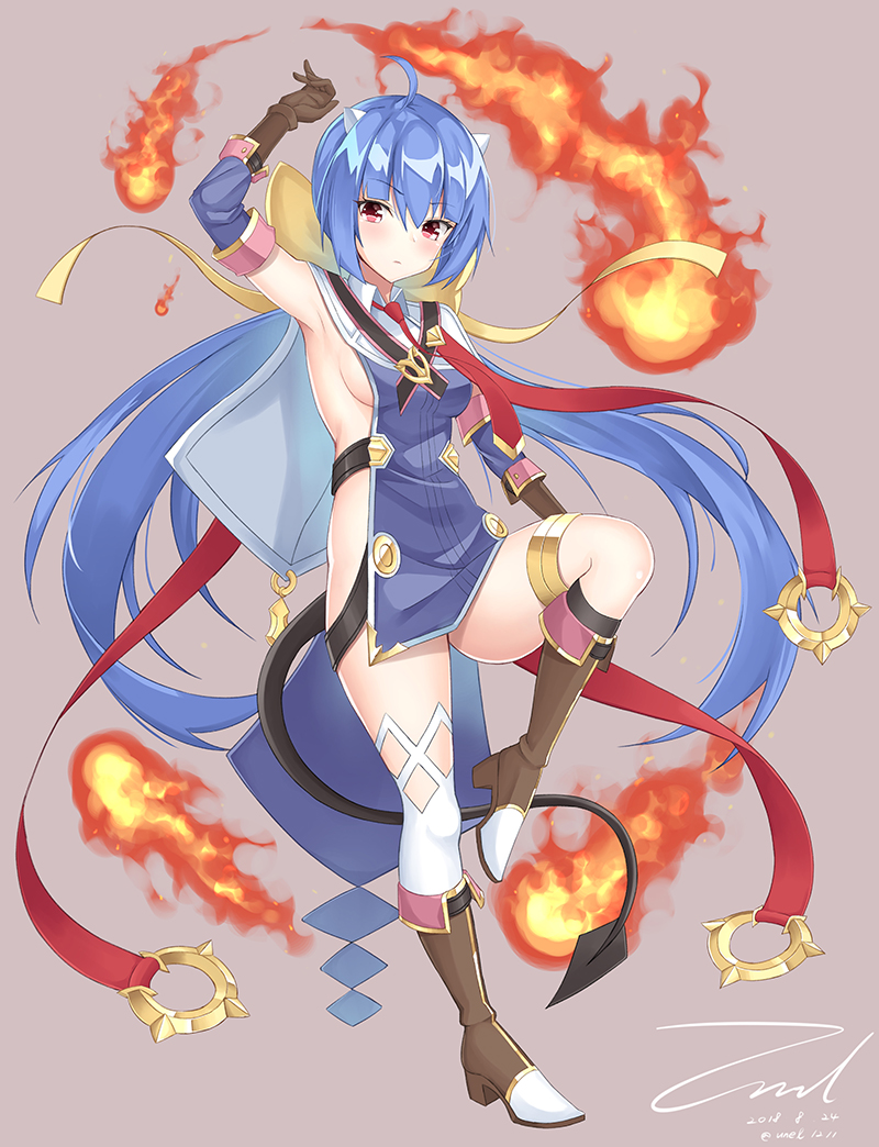 ahoge arm_up armpits bangs beige_background blue_hair blush boots bow breasts brown_footwear brown_gloves closed_mouth dated elbow_gloves epic7 eyebrows_visible_through_hair fire fireball frown full_body gloves hair_between_eyes hair_bow high_heel_boots high_heels horns leg_up legband long_hair looking_at_viewer low_twintails necktie no_panties ravirihiseea_vizzall_(epic7) red_eyes red_neckwear revealing_clothes shiny shiny_hair sideboob signature simple_background single_thighhigh small_breasts solo standing standing_on_one_leg tail thighhighs thighs twintails twitter_username unel very_long_hair white_legwear wing_collar yellow_bow