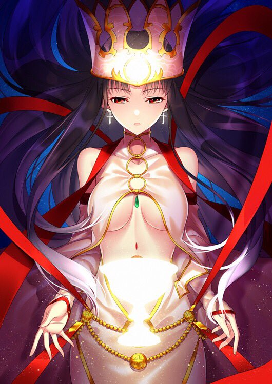 breasts commentary_request cosplay crown dress_of_heaven expressionless eyelashes fate/grand_order fate_(series) gold_trim irisviel_von_einzbern irisviel_von_einzbern_(caster) irisviel_von_einzbern_(caster)_(cosplay) ishtar_(fate/grand_order) looking_at_viewer navel open_mouth solo underboob upper_body yaoshi_jun