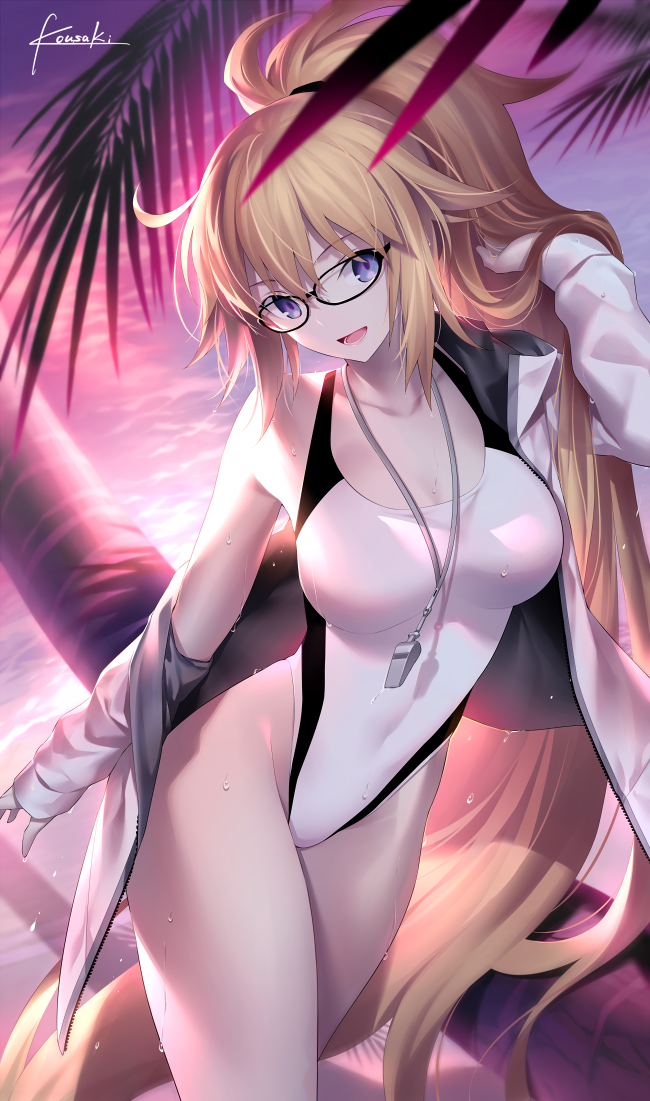 bangs bare_shoulders blonde_hair blue_eyes breasts cleavage collarbone commentary_request covered_navel fate/grand_order fate_(series) glasses hair_between_eyes hand_in_hair hips jacket jeanne_d'arc_(fate)_(all) jeanne_d'arc_(swimsuit_archer) kousaki_rui large_breasts long_hair ocean off_shoulder one-piece_swimsuit open_clothes open_jacket open_mouth palm_tree smile solo sunset swimsuit thighs tree very_long_hair wet whistle whistle_around_neck