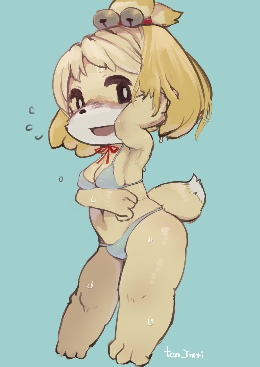 animal_crossing barefoot bell bikini black_eyes blonde_hair blue_background blush breasts canine cleavage clothed clothing dog female full_body fur hair hi_res invalid_tag isabelle_(animal_crossing) jingle_bell mammal navel nintendo open_mouth ribbons shih_tzu short_hair signature simple_background small_breasts smile solo standing sweat swimsuit tenyati tied_hair topknot video_games yellow_fur