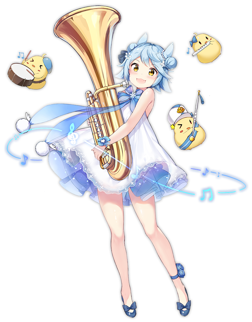 azur_lane blue_bow blue_hair blush boqboq bow drum drumsticks eyebrows_visible_through_hair flute fubuki_(azur_lane) full_body hair_bow high_heels holding holding_instrument instrument looking_at_viewer musical_note official_art open_mouth short_hair smile solo transparent_background treble_clef tuba yellow_eyes