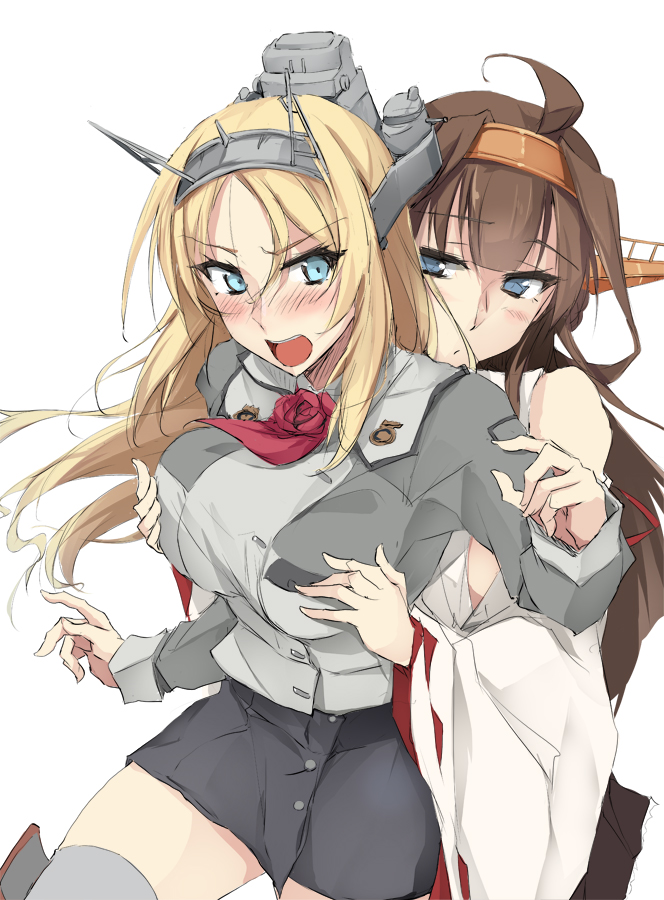 black_skirt blonde_hair blue_eyes blush breast_grab breasts brown_hair check_commentary closed_mouth commentary commentary_request eyebrows_visible_through_hair grabbing hair_between_eyes headgear japanese_clothes kantai_collection kongou_(kantai_collection) large_breasts long_hair long_sleeves looking_at_another looking_at_viewer md5_mismatch miniskirt multiple_girls nelson_(kantai_collection) open_mouth red_neckwear remodel_(kantai_collection) resized simple_background skirt upscaled yuri zekkyon