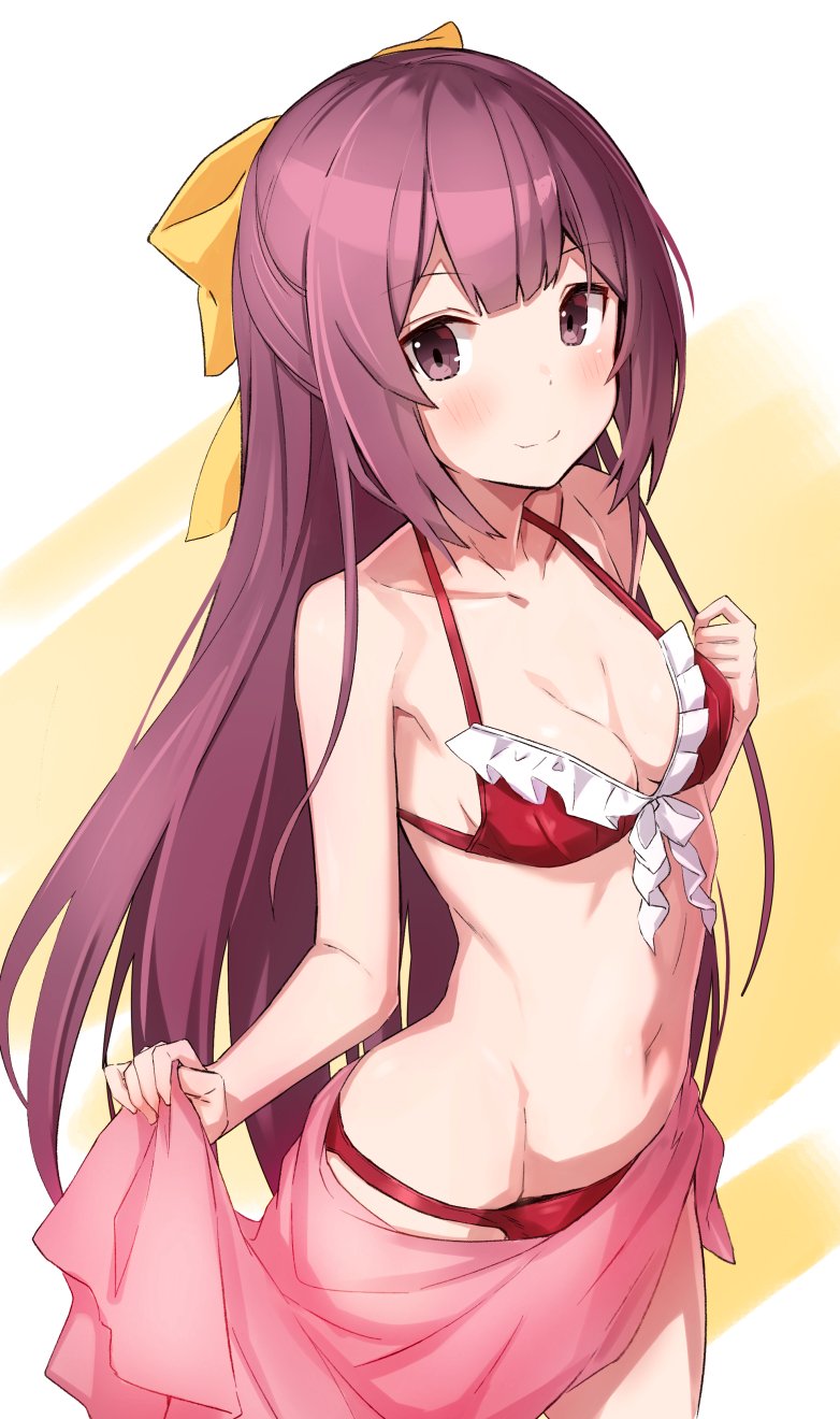 bikini blush bow breasts cleavage closed_mouth commentary_request cowboy_shot eyebrows_visible_through_hair hair_bow half_updo halterneck highres kamikaze_(kantai_collection) kantai_collection long_hair looking_at_viewer navel purple_eyes purple_hair red_bikini sarong sidelocks simple_background small_breasts smile solo swimsuit takanashi_kei_(hitsujikan)