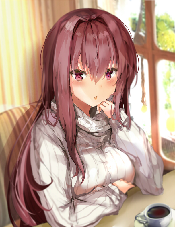blush coffee commentary_request eyebrows_visible_through_hair fate/grand_order fate_(series) indoors long_hair long_sleeves looking_at_viewer pon_(ponidrop) red_eyes red_hair scathach_(fate)_(all) scathach_(fate/grand_order) sketch solo sweater turtleneck turtleneck_sweater white_sweater window