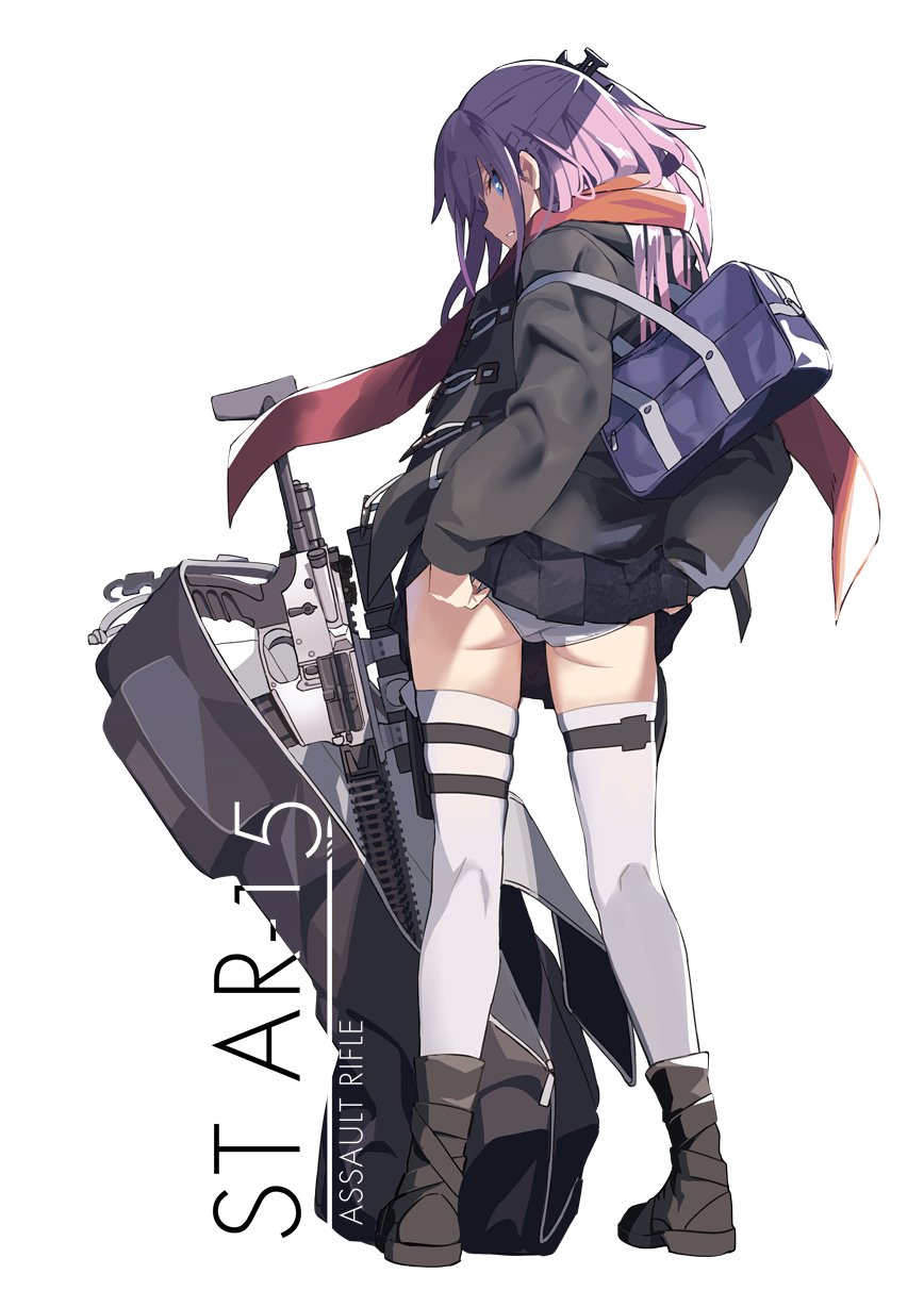 adjusting_clothes adjusting_panties ar-15 ass assault_rifle bag blue_eyes boots character_name coat commentary_request from_behind full_body girls_frontline gun half_updo highres holster long_hair ningen_(ningen96) panties parted_lips pink_hair pleated_skirt profile red_scarf rifle scarf school_bag shoulder_bag sidelocks simple_background skirt skirt_lift solo st_ar-15_(girls_frontline) standing thigh_holster thighhighs underwear weapon white_background white_legwear white_panties