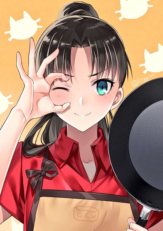 alternate_hairstyle apron artist_name bangs black_hair blush collarbone collared_shirt commentary fate/stay_night fate_(series) frying_pan green_eyes holding long_hair one_eye_closed open_collar parted_bangs ponytail red_shirt shirt short_sleeves smile solo toosaka_rin upper_body yaoshi_jun