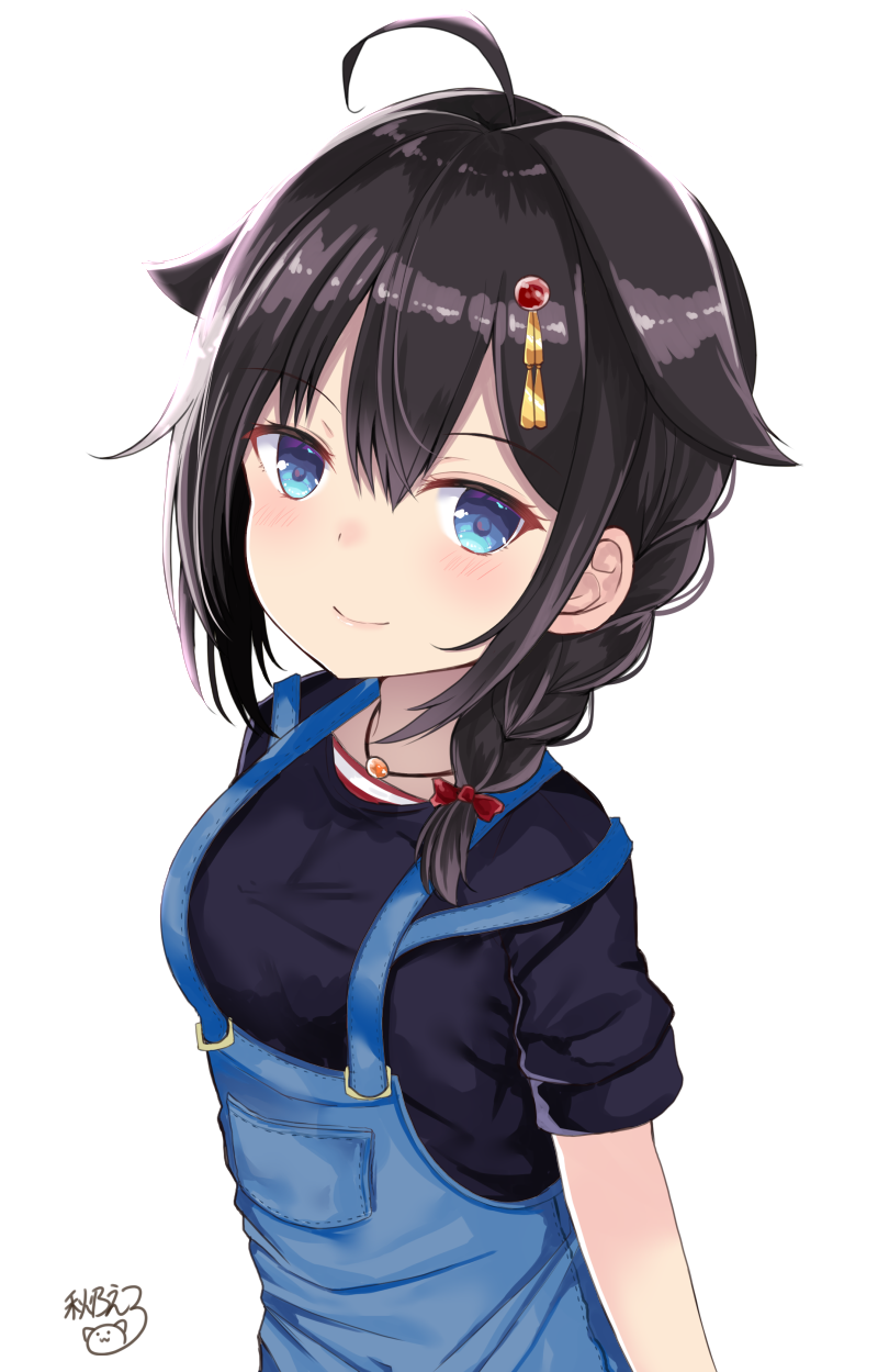 ahoge bangs black_hair black_shirt blue_eyes bow breasts closed_mouth eyebrows_visible_through_hair hair_between_eyes hair_bow hair_flaps hair_ornament highres kantai_collection long_hair noeru_(gt17854) overalls red_bow remodel_(kantai_collection) shigure_(kantai_collection) shirt short_sleeves signature small_breasts smile solo striped