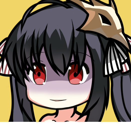 ahoge azur_lane bangs bare_shoulders black_hair blush collarbone evil_smile eyebrows_visible_through_hair hair_between_eyes hair_ribbon long_hair mask mask_on_head nagato-chan parted_lips portrait red_eyes ribbon shaded_face simple_background smile solo striped striped_ribbon taihou_(azur_lane) twintails white_ribbon yandere yellow_background
