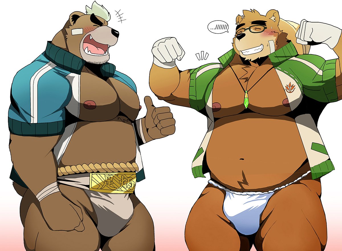 2018 anthro ashigara bear bearlovestiger13 belly blush brown_fur bulge clothing duo eyes_closed fundoshi fur gloves hat humanoid_hands japanese_clothing male mammal mohawk moobs navel nipples simple_background straw_hat tokyo_afterschool_summoners underwear volos white_background